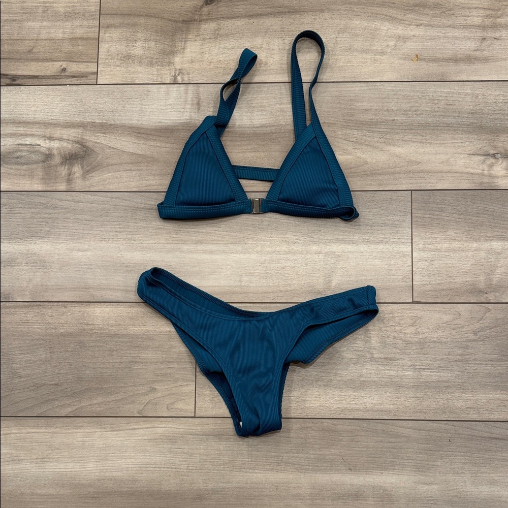 Zaful Teal Ribbed Triangle Bikini Set